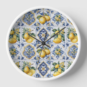 Horloge Carreaux Amalfi blancs et bleus Citrons Italie