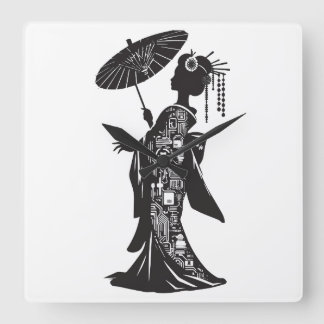 HORLOGE CARRÉE アクリル壁時計、芸者シルエット