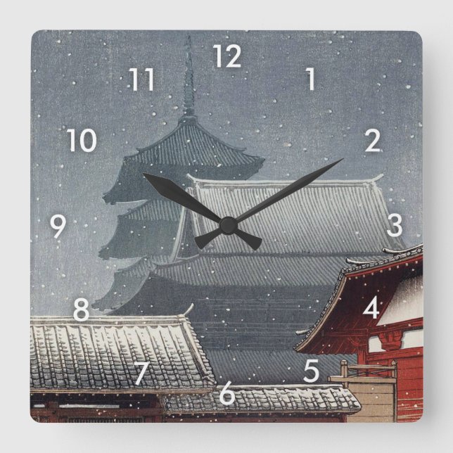 Horloge Carrée 四天王寺, Shitennō-JI à Osaka, Hasui Kawase, gravure (Recto)