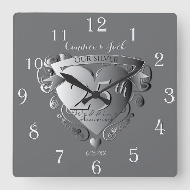 Horloge Carrée 10e,20e,25e Wedding Anniversary Silvery Heart (Recto)