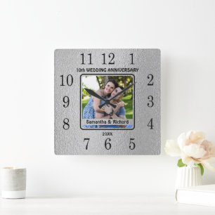 Horloge Carrée 10e année Couple Mariage Tin Anniversaire Photo