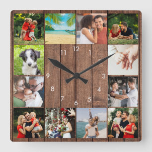 Horloge Carrée 12 Collage de photos en bois rustique