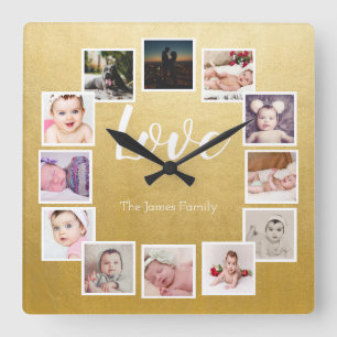 Horloge Carrée 12 Collage de photos Gold personnalisé