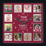 Horloge Carrée 12 Collage Photo Temps Avec Citation Familiale Bou<br><div class="desc">Horloge photo personnalisée avec la citation familiale inspirante "Le temps passé avec la famille vaut chaque seconde". Personnalisez avec 12 de vos photos de famille préférées.</div>