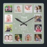 Horloge Carrée 12 Collage Photo Temps Avec Citation Familiale Sag<br><div class="desc">Horloge photo personnalisée avec la citation familiale inspirante "Le temps passé avec la famille vaut chaque seconde". Personnalisez avec 12 de vos photos de famille préférées.</div>