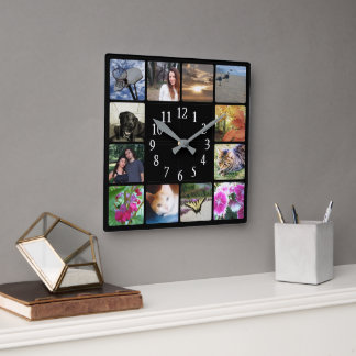 Horloge Carrée 12 Famille Multiphoto Collage Carré Noir moderne