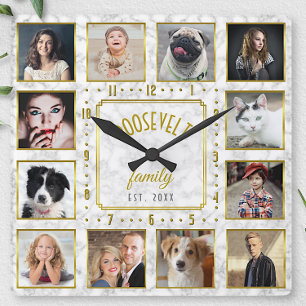 Horloge Carrée 12 Family Photo Collage Blanc Marbre Or Personnali