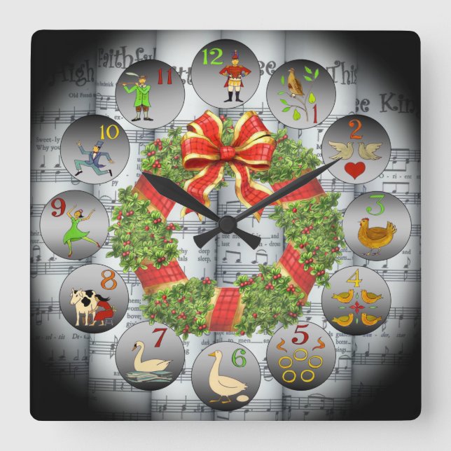 Horloge Carrée 12 jours de Christmas ~Sheet Music~Christmas Wreat (Recto)