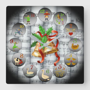 Horloge Carrée 12 jours de ~Sheet Music~Christmas Bells~ de Noël