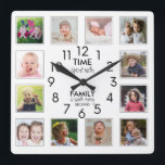 Horloge Carrée 12 Modèle photo Temps Avec Citation Familiale Blan<br><div class="desc">Horloge photo personnalisée avec la citation familiale inspirante "Le temps passé avec la famille vaut chaque seconde". Personnalisez avec 12 de vos photos de famille préférées.</div>