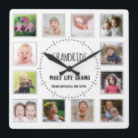 Horloge Carrée 12 Petits-Enfants Photo Faire Vivre Grand Citation<br><div class="desc">Cadeaux photo uniques pour grands-parents - Créez votre propre horloge murale de collage photo avec 12 photos de petits-enfants pour en faire un cadeau de conservation pour grands-parents. Personnalisez avec leur nom. La citation "Les petits-enfants rendent la vie grandiose" typographie express leurs sentiments et leur amour.</div>