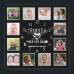 Horloge Carrée 12 petits-enfants photographiés font la vie d'une<br><div class="desc">Cadeaux photo uniques pour grands-parents - Créez votre propre horloge murale de collage photo avec 12 photos de petits-enfants pour en faire un cadeau de garde pour grands-parents. Personnalisez avec leur nom. La citation 'Les petits-enfants font grandir la typographie de la vie' express leurs sentiments et leur amour.</div>