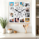 Horloge Carrée 12 Photo collage<br><div class="desc">Rustic White Barn Wood Farmhouse 12 Photo Collage Square Wall Clock. Large beautiful rustic white barn vintage wood personalized family name year established wall decor clock Le pays parfait, c'est la planque.</div>