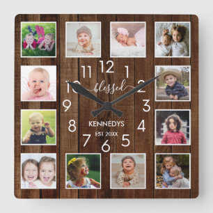Horloge Carrée 12 Photo Collage Blessed Family Nom Pallet Wood