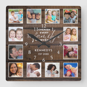 Horloge Carrée 12 Photo Collage Famille Citation Bois Brown foncé