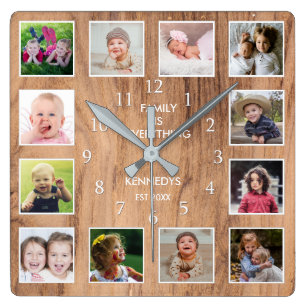 Horloge Carrée 12 Photo Collage Famille Citation Bois Patiné