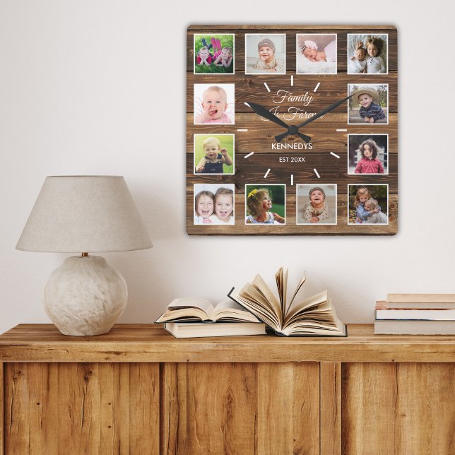 Horloge Carrée 12 Photo Collage Famille Est Forever Bois Rustique (12 Photo Collage Family Is Forever Rustic Wood Square Wall Clock)