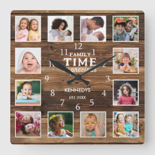Horloge Carrée 12 Photo Collage Famille Temps Citation Ferme Bois