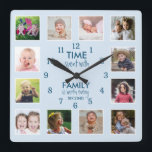 Horloge Carrée 12 Photo Collage Famille Temps Citation Pastel Blu<br><div class="desc">Horloge photo personnalisée avec la citation familiale inspirante "Le temps passé avec la famille vaut chaque seconde". Personnalisez avec 12 de vos photos de famille préférées.</div>
