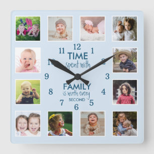 Horloge Carrée 12 Photo Collage Famille Temps Citation Pastel Blu