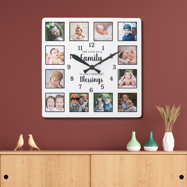 Horloge Carrée 12 Photo Collage Family Love Blessings Quote White (Créateur téléchargé)