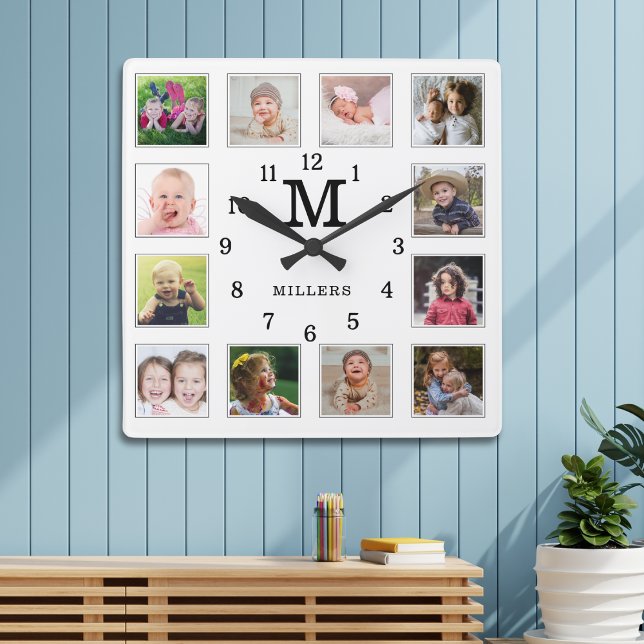 Horloge Carrée 12 Photo Collage Family Name Monogram Black White (Créateur téléchargé)