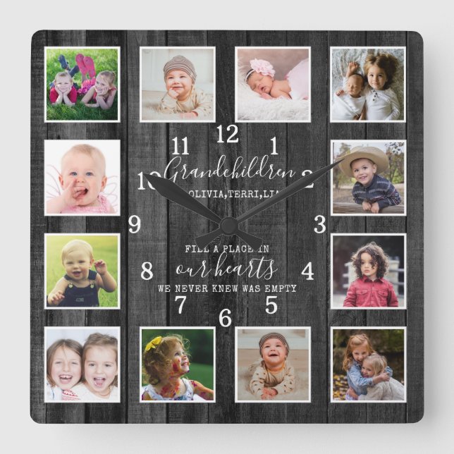 Horloge Carrée 12 Photo Collage Grandchildren Quote Black Wood (Recto)