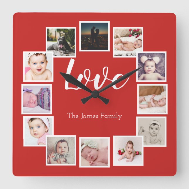 Horloge Carrée 12 Photo Collage personnalisé rouge (Recto)
