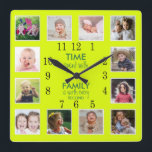 Horloge Carrée 12 Photo Collage Time With Family Quote Neon Green<br><div class="desc">Horloge photo personnalisée avec la citation familiale inspirante "Le temps passé avec la famille vaut chaque seconde". Personnalisez avec 12 de vos photos de famille préférées.</div>
