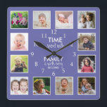 Horloge Carrée 12 Photo Collage Time With Family Quote Périwinkle<br><div class="desc">Horloge photo personnalisée avec la citation familiale inspirante "Le temps passé avec la famille vaut chaque seconde". Personnalisez avec 12 de vos photos de famille préférées.</div>