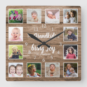 Horloge Carrée 12 Photos Collage Rustic Barn Wood Grandkids Citat