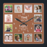 Horloge Carrée 12 Photos Collage Temps Avec Citation Familiale Te<br><div class="desc">Horloge photo personnalisée avec la citation familiale inspirante "Le temps passé avec la famille vaut chaque seconde". Personnalisez avec 12 de vos photos de famille préférées.</div>