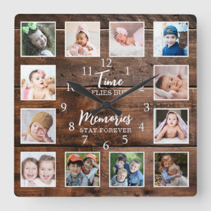 Horloge Carrée 12 Photos Collage Temps Souvenirs Citation Bois fo