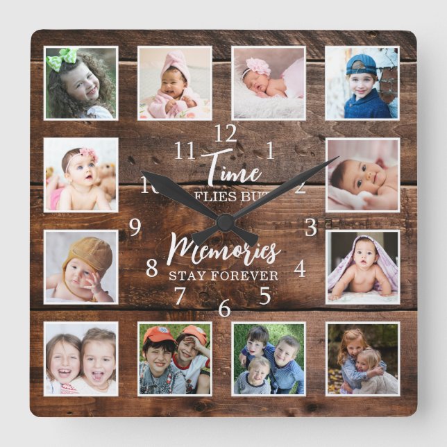 Horloge Carrée 12 Photos Collage Temps Souvenirs Citation Bois fo (Recto)