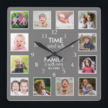 Horloge Carrée 12 Temps Modèle photo Avec Citation De Famille Gri<br><div class="desc">Horloge photo personnalisée avec la citation familiale inspirante "Le temps passé avec la famille vaut chaque seconde". Personnalisez avec 12 de vos photos de famille préférées.</div>