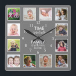 Horloge Carrée 12 Temps Modèle photo Avec Citation De Famille Gri<br><div class="desc">Horloge photo personnalisée avec la citation familiale inspirante "Le temps passé avec la famille vaut chaque seconde". Personnalisez avec 12 de vos photos de famille préférées.</div>