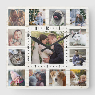 Horloge Carrée 13 Family Photo Collage Rustic Farmhouse Lt Wood