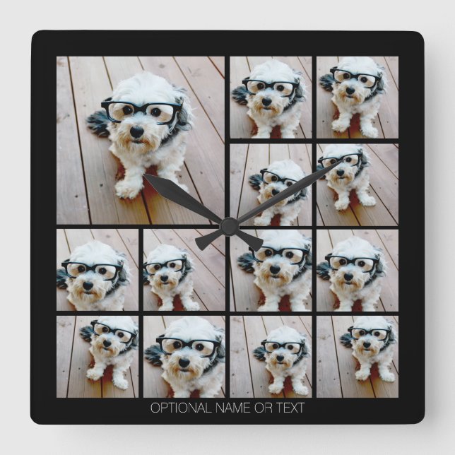 Horloge Carrée 13 Photo Funky Collage with Simple Texte (Recto)