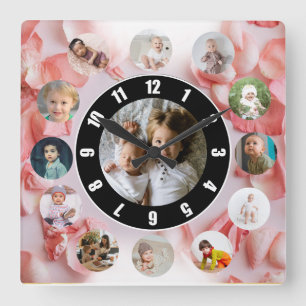 Horloge Carrée 13 Photos collage Nom personnalisé rosy