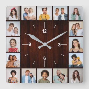 Horloge Carrée 16 Collage Photo Clôture en Bois Faux Rouge