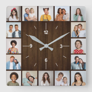 Horloge Carrée 16 Collage Photo Clôture en Bois Rustique Brun Fon