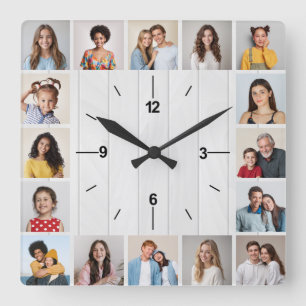 Horloge Carrée 16 Photo Collage Rustique Blanc Faux clôture en bo