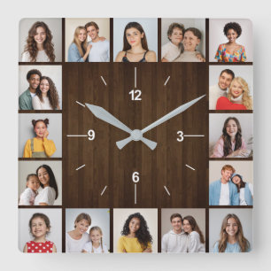 Horloge Carrée 16 Photo Collage Rustique Clé Brown clôture en boi