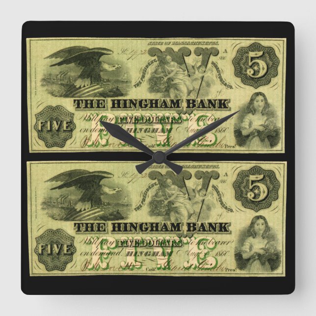 Horloge Carrée 1860 Hingham Massachusetts Note à cinq dollars (Recto)