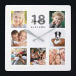 Horloge Carrée 18th birthday custom photo collage friends<br><div class="desc">A wall clock as a gift for a 18th birthday for a woman,  celebrating her life with a collage of your photos.  Personalize and add a name,  age 18 and a date.  Rendez-vous de Birth ou the date of the anniversary.  Black and gray colored letters.  A chic white background.</div>