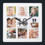 Horloge Carrée 18th birthday custom photo collage girl milestone<br><div class="desc">A wall clock as a gift for a 18th birthday for a girl, young woman, celebrating her life with a collage of 8 of your photos. Personalize and add a name, age 18 and a date. Rendez-vous de Birth ou the date of the anniversary. Black and gray colored letters. A...</div>
