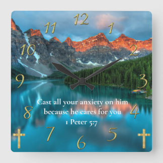 Horloge Carrée 1 Pierre 5:7 belle vue sur le lac de la montagne