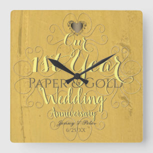 Horloge Carrée 1er anniversaire Mariage Papier et or