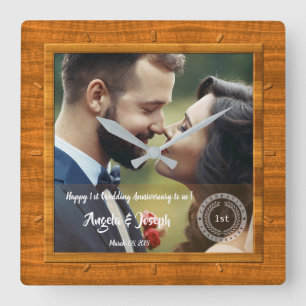 Horloge Carrée 1er anniversaire Mariage Photo Bois Texture Horlog