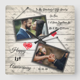 Horloge Carrée 1st wedding anniversary wooden photo frame clock